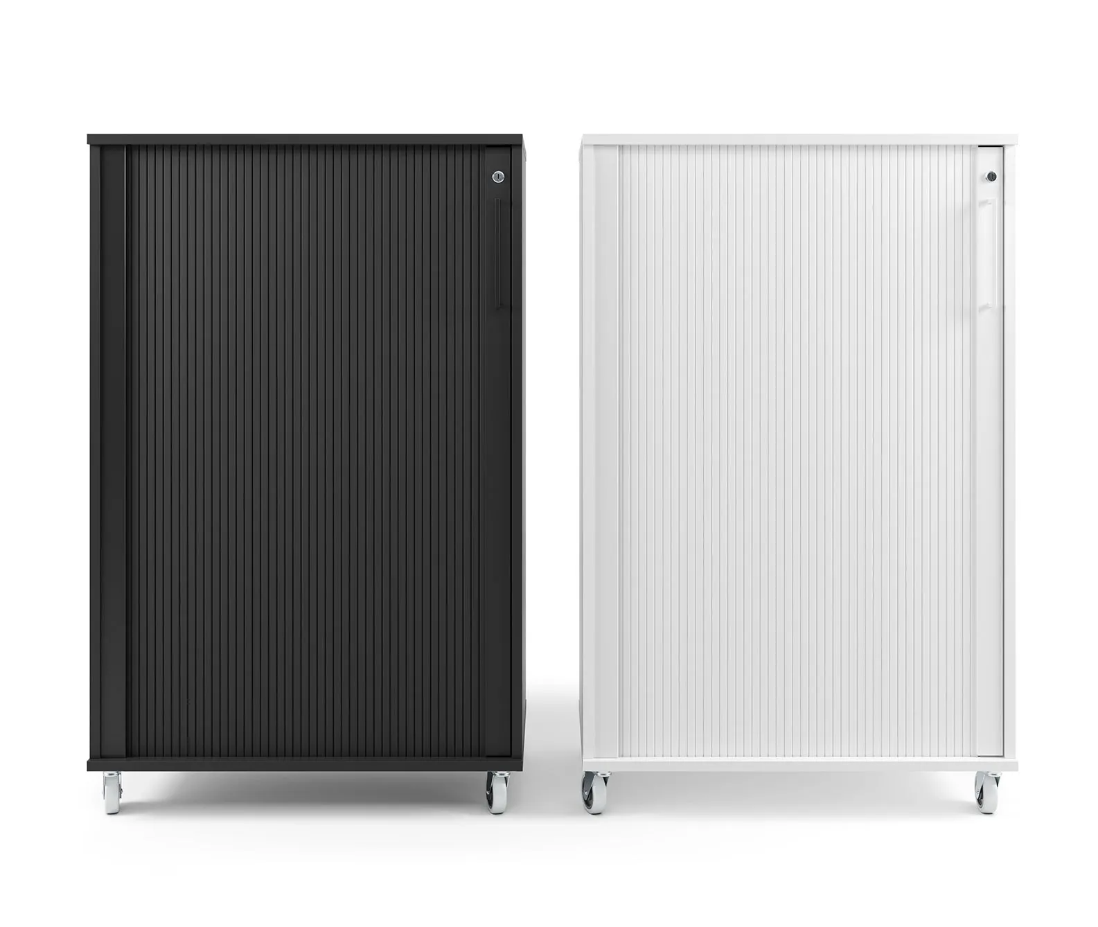 3D product rendering of a tambour-front storage cabinet shown in black and white finish options side by side on a plain background