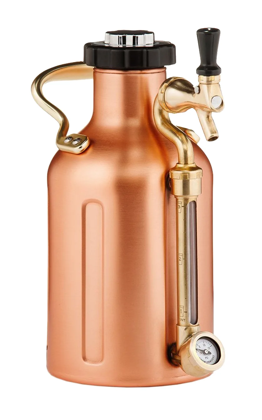 3D product rendering of a copper-finish pressurised beverage growler with a brass tap and pressure gauge, isolated on white