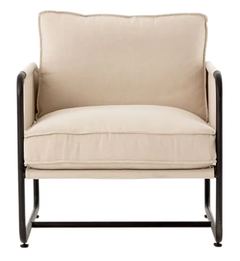 3D product rendering of a cream fabric armchair with a black tubular frame, on a plain background