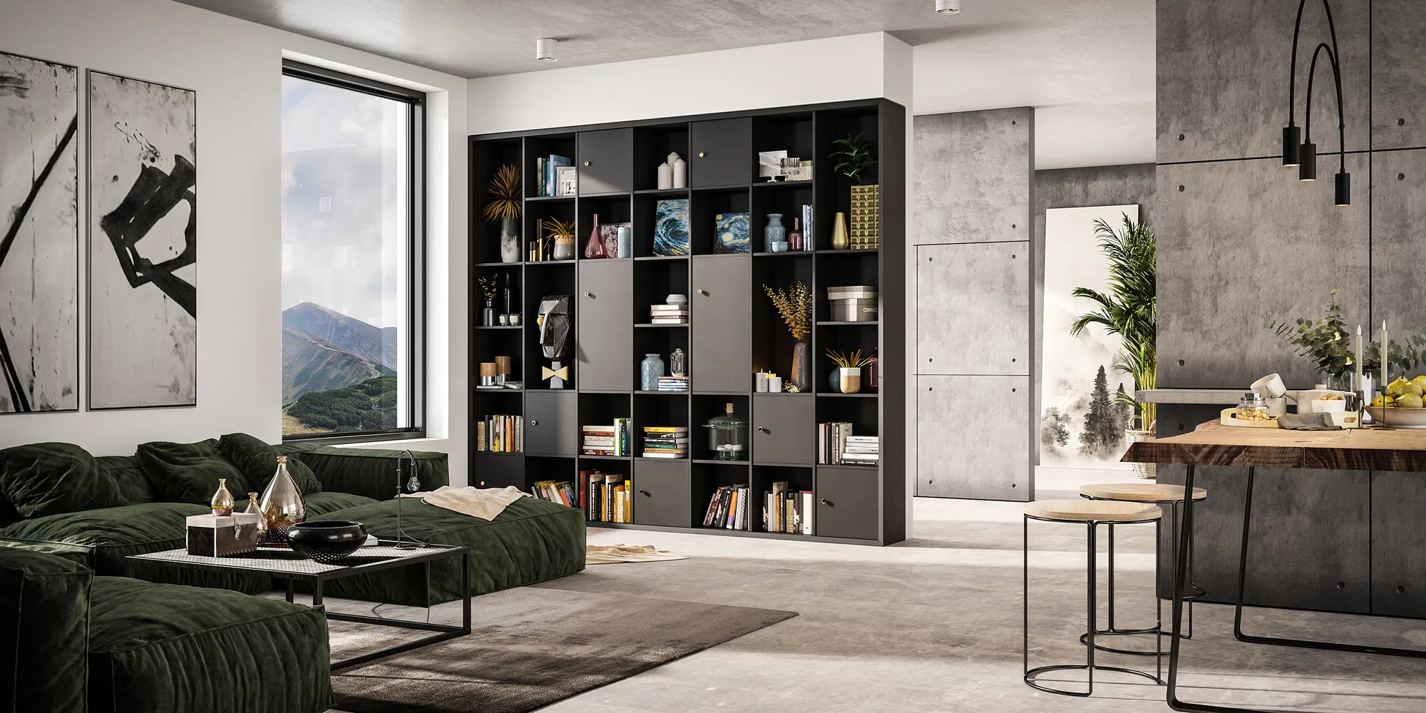 3D product rendering of a black modular shelving system styled in a loft living room, Estonia