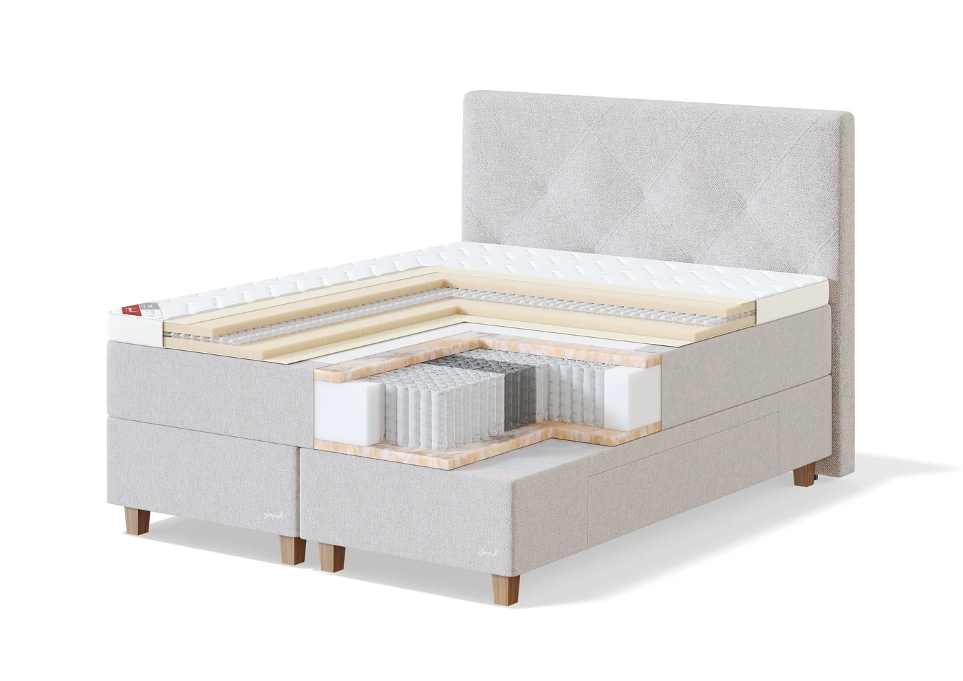 3D product rendering of a continental bed with a storage drawer, cut away to show the spring and foam layers inside