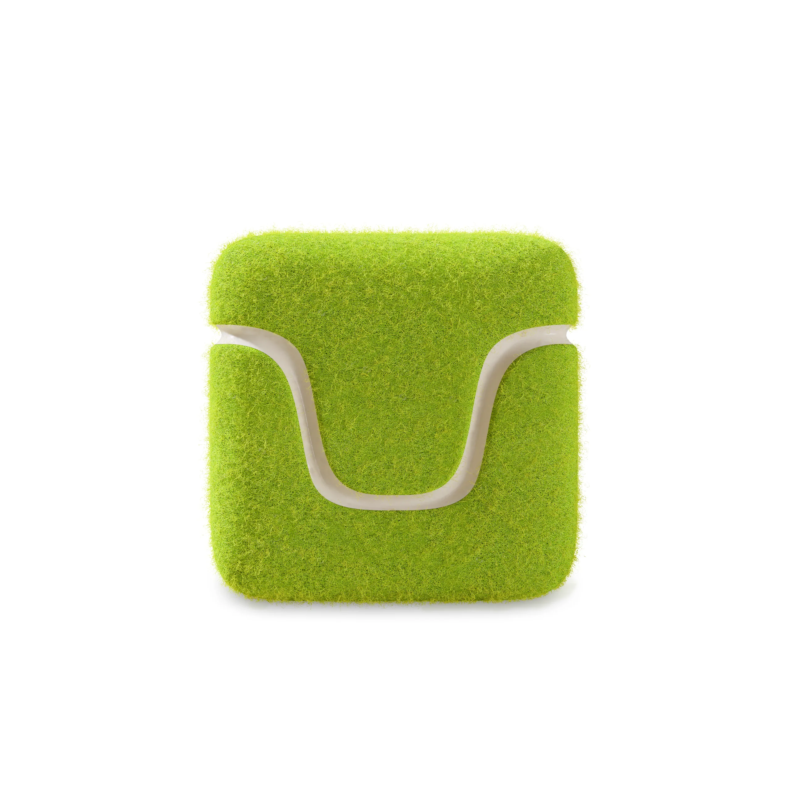 3D product rendering of a square lime-green textured cushion with a pale curved handle cut-out, on a plain background
