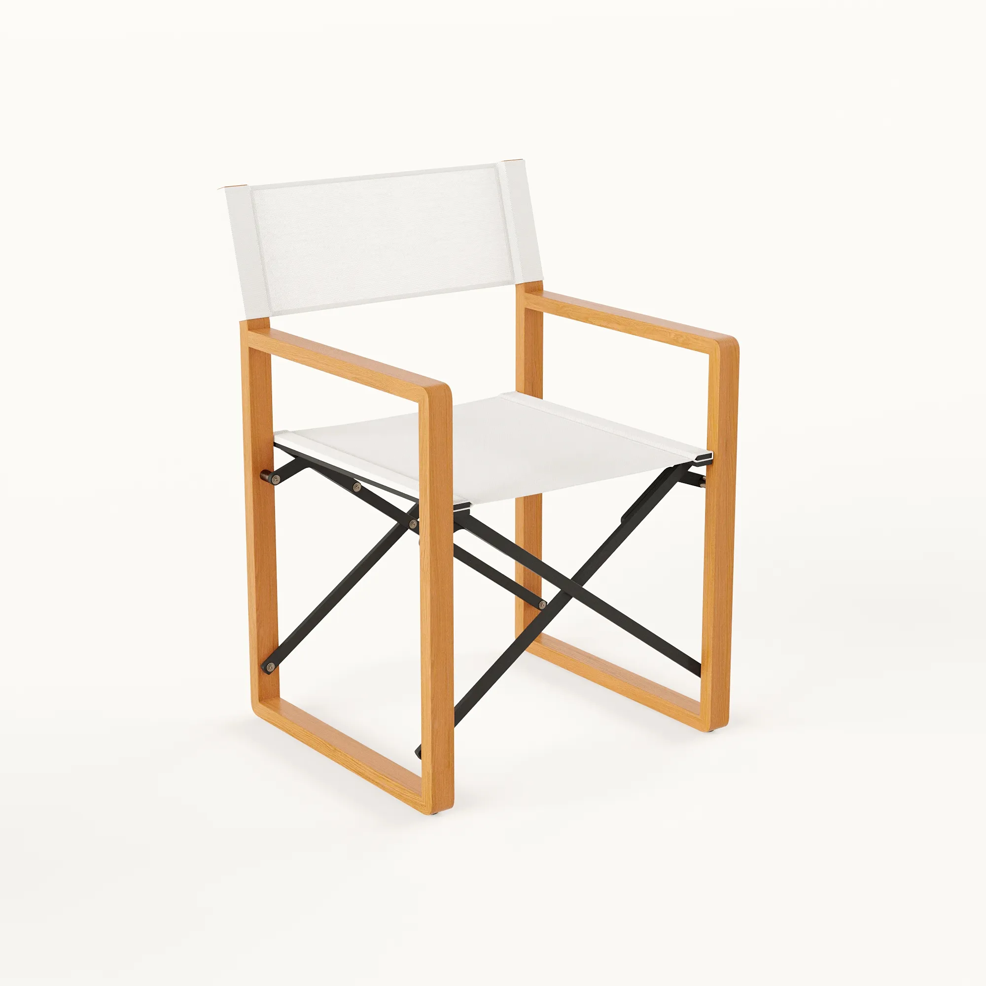 3D product rendering of a folding director's chair in timber and white canvas