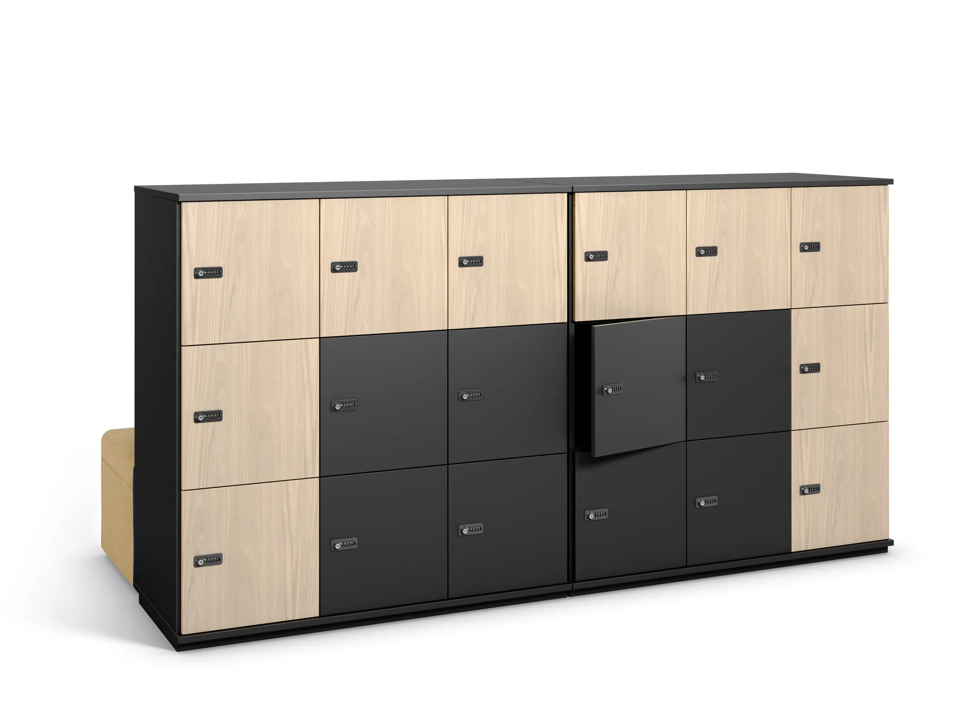 3D product rendering of combination-lock storage lockers in white and oak-effect finishes, one door open to show the empty compartment