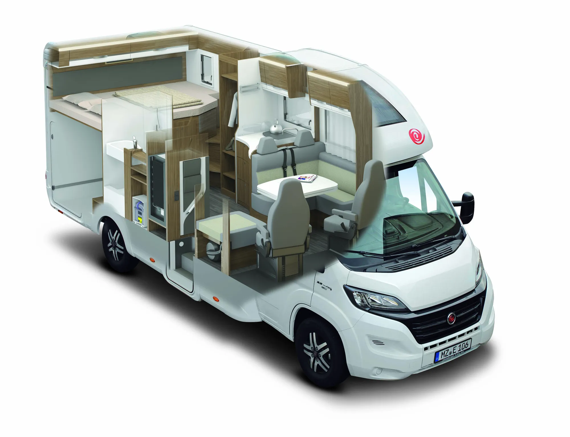 3D cutaway rendering of a motorhome showing its beds, kitchen and seating from a raised angle