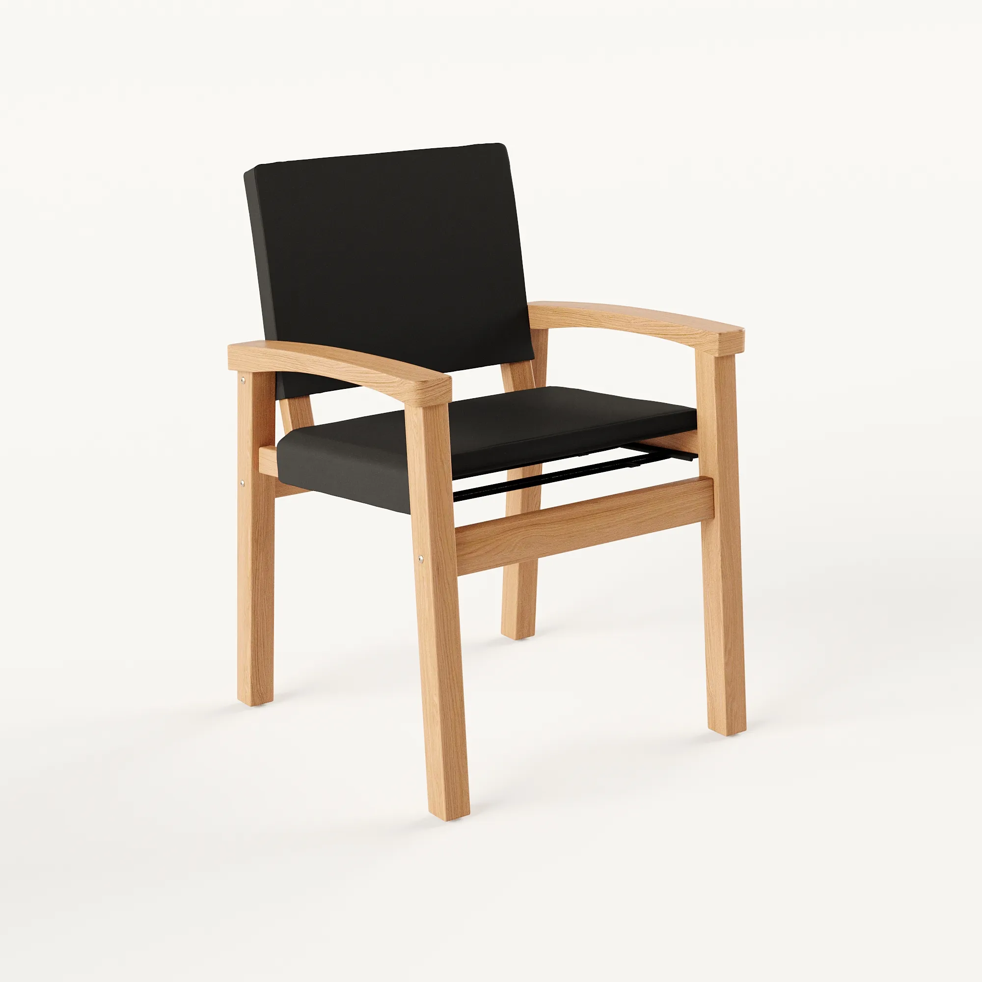 3D product rendering of a timber armchair with a black leather seat