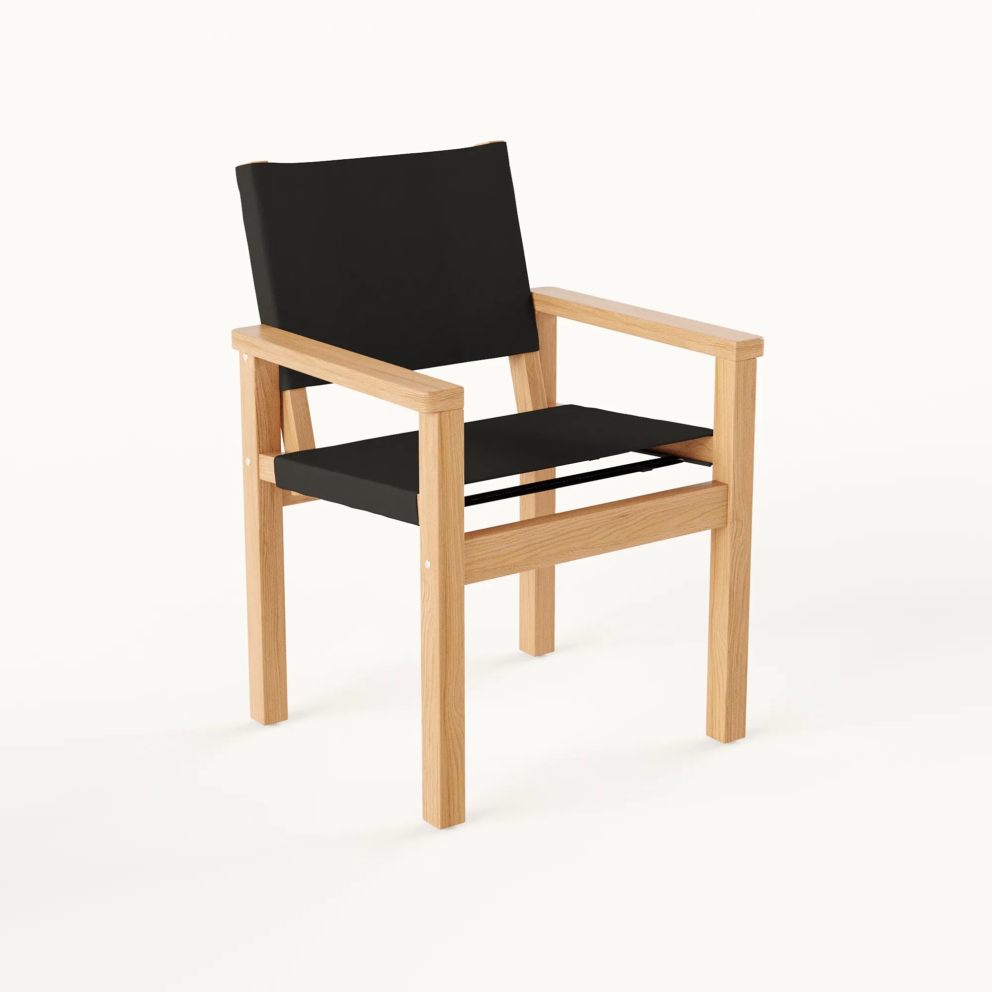 3D product rendering of a timber carver armchair with a black seat and back, side view