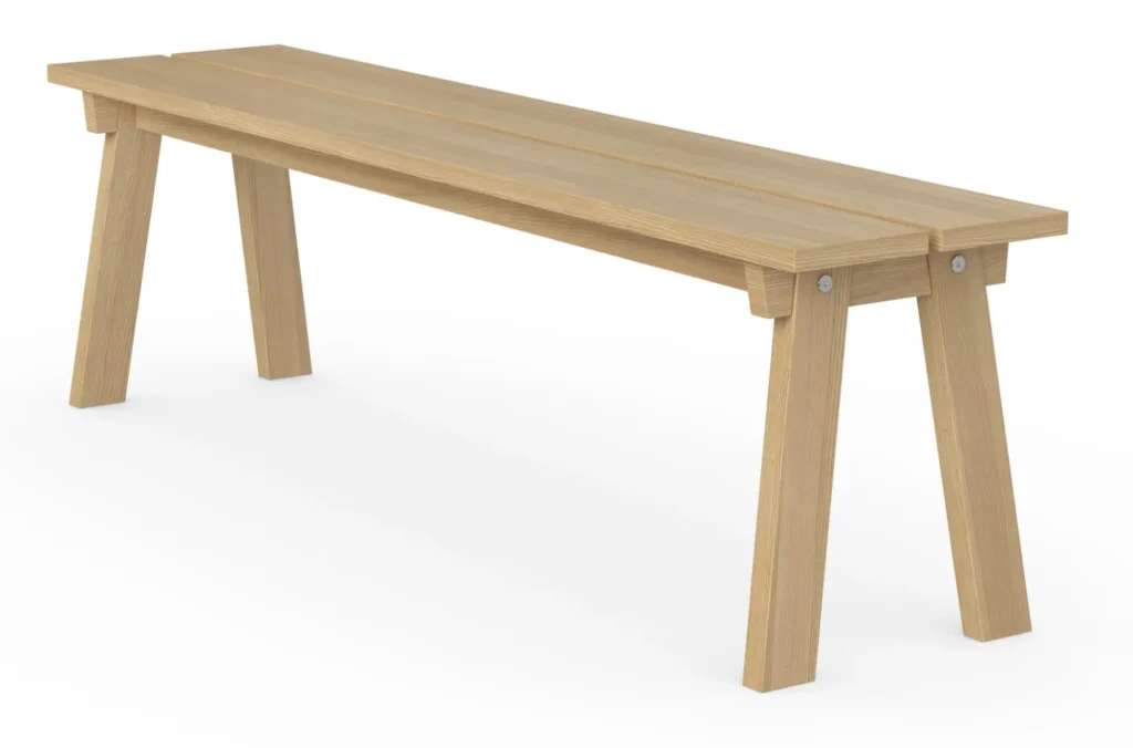 3D product rendering of a solid timber bench with tapered trestle legs