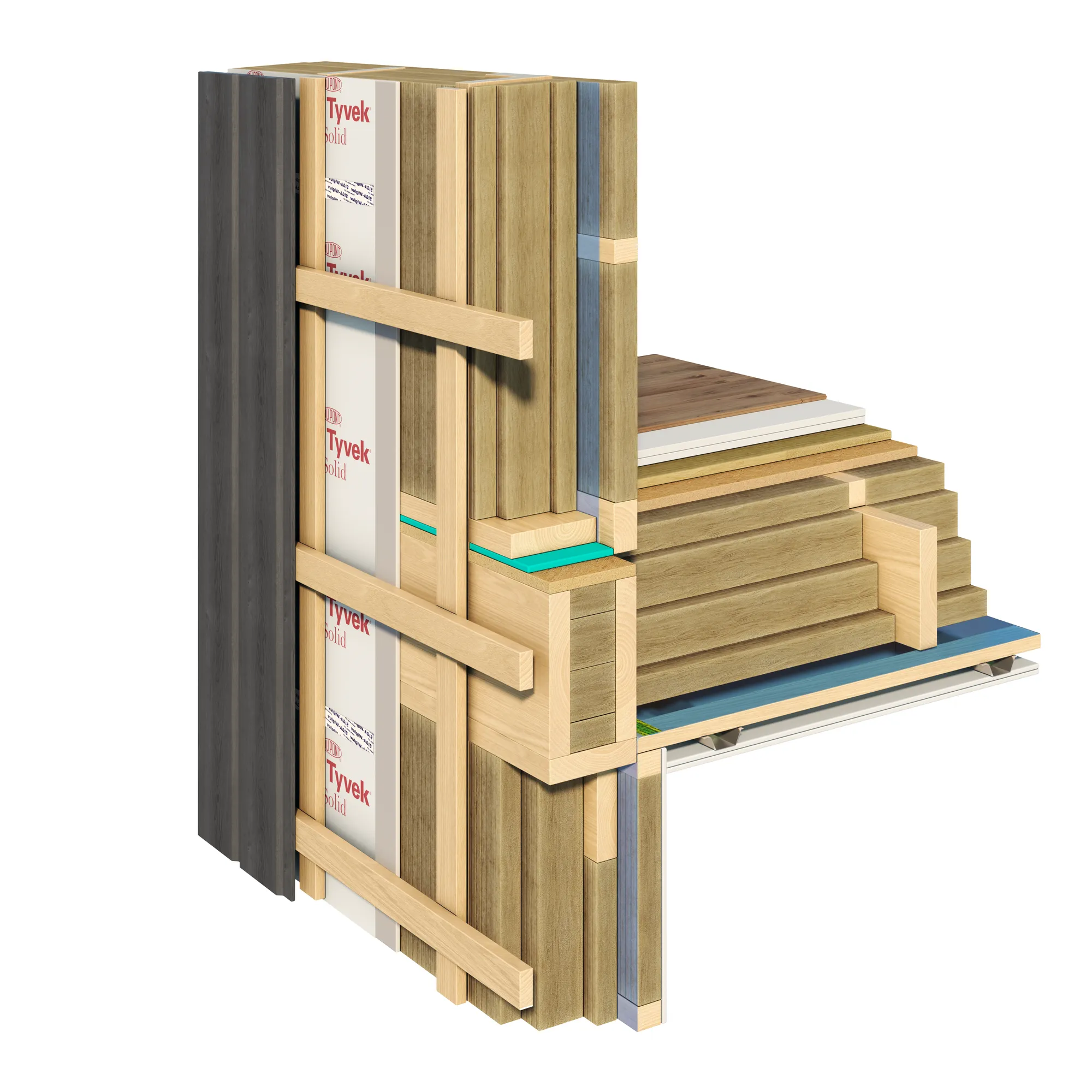 3D cutaway rendering of a timber wall build-up showing framing, insulation and membrane layers