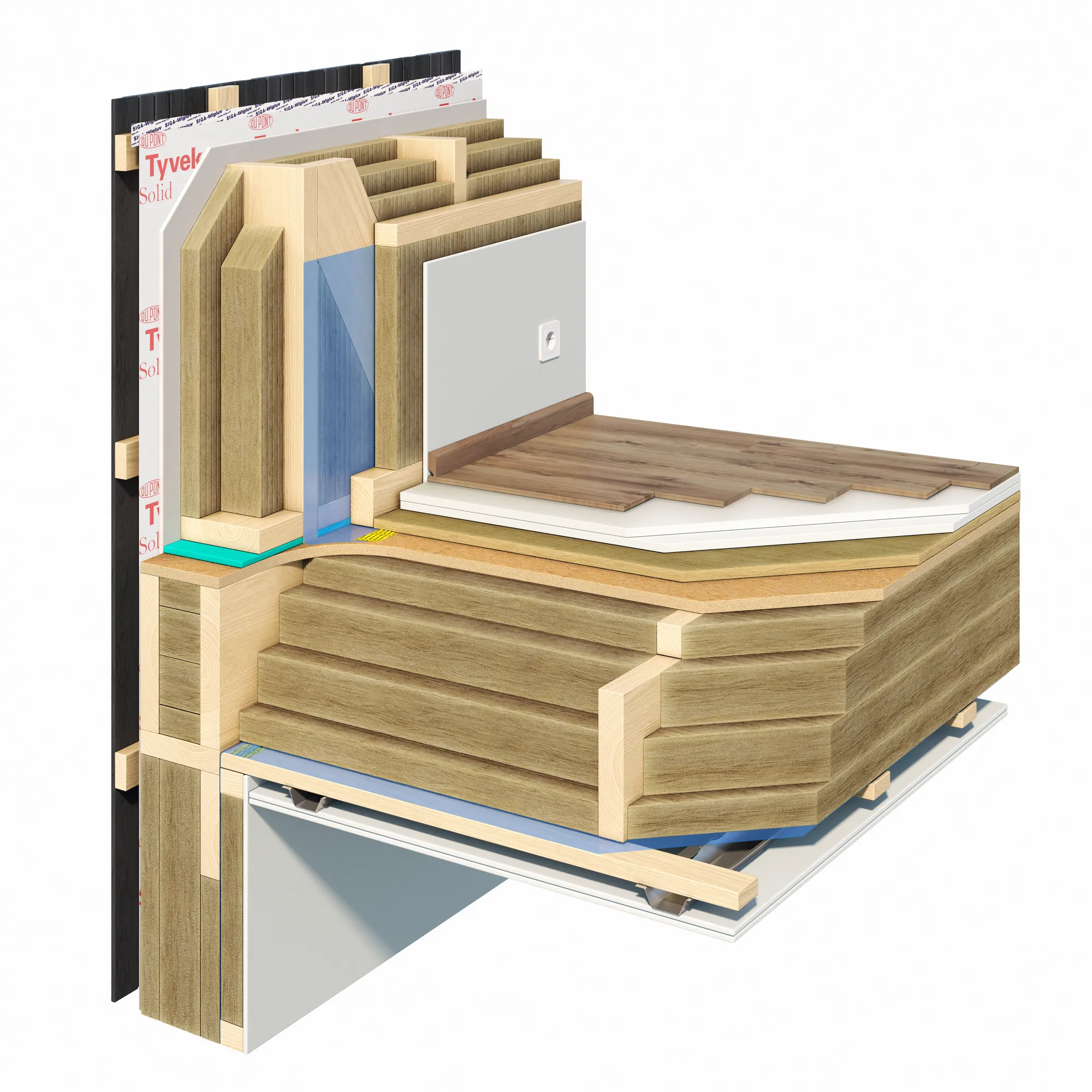 Exploded cutaway rendering of a timber-frame wall and floor junction, showing the exterior cladding, weather membrane, insulation, window frame, interior wall board and herringbone floor finish in one slice