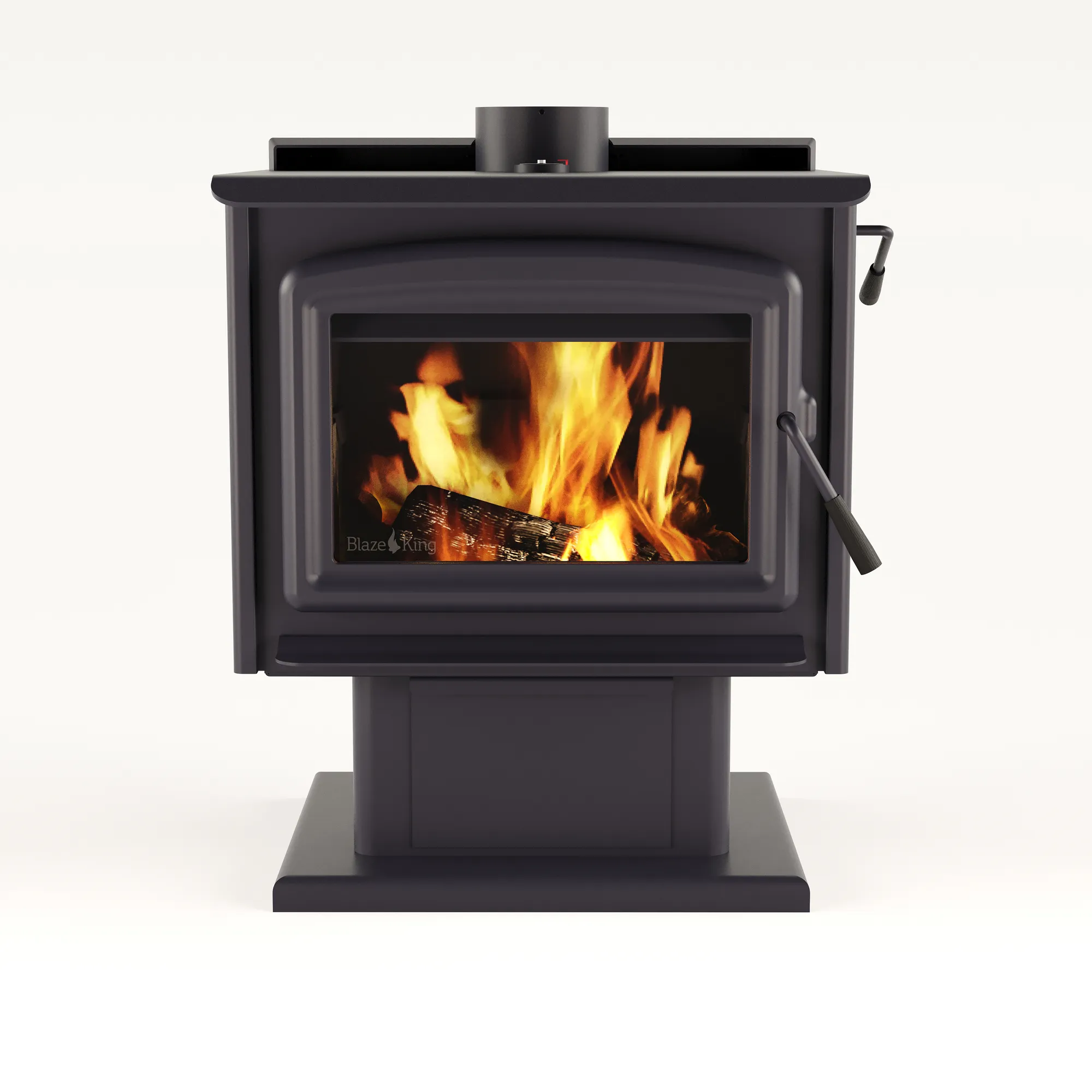 3D product rendering of a cast-iron wood-burning stove on a pedestal base with the fire lit
