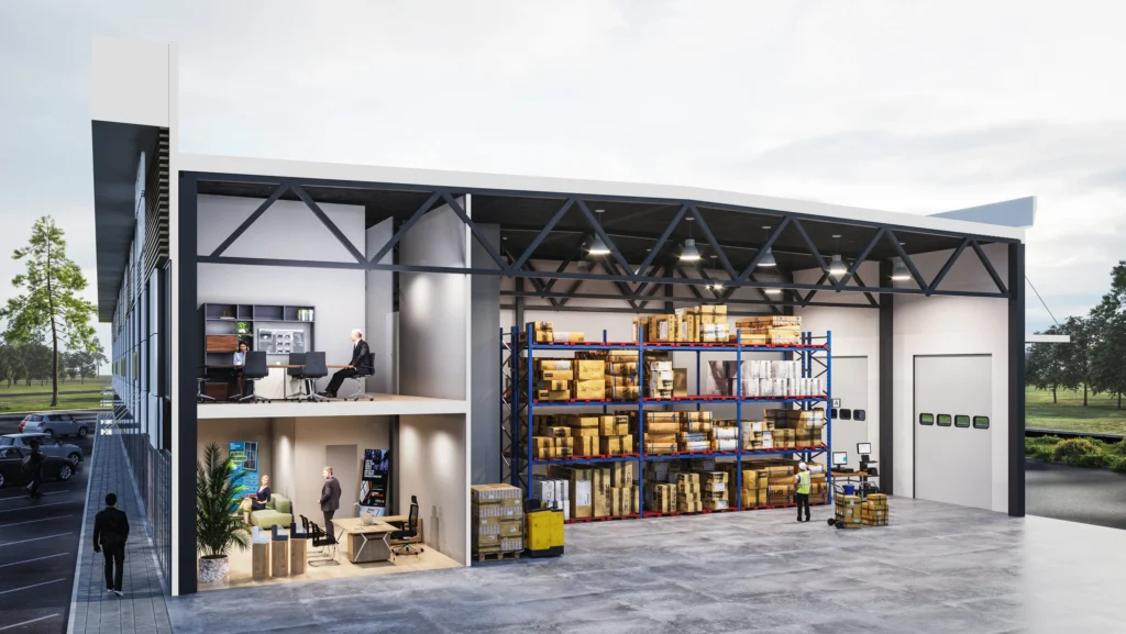 Section cut rendering of a warehouse with offices: the front wall removed to show the two office floors beside the racking hall, Estonia