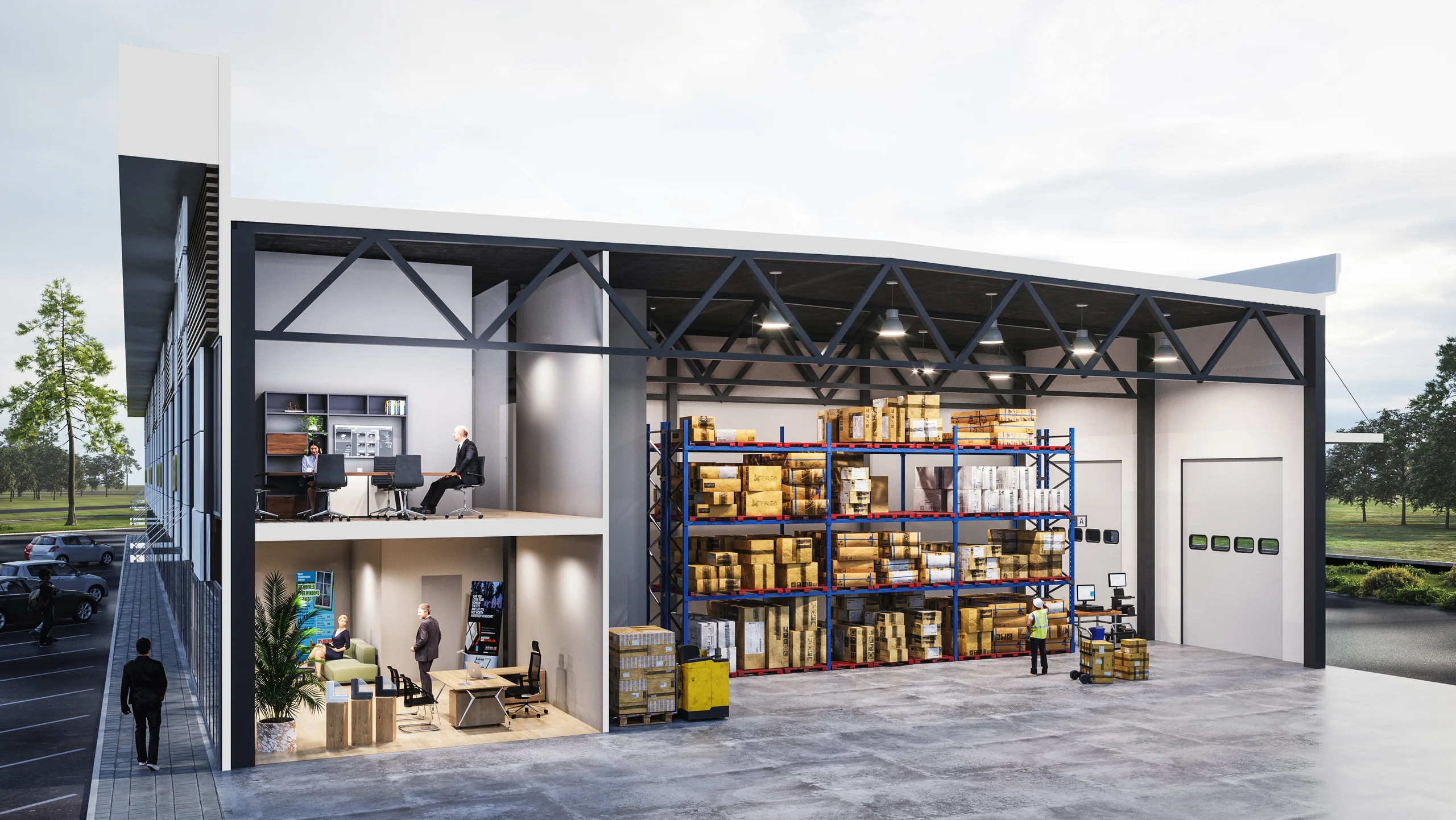 Dollhouse section cut rendering of a warehouse and office building with the front wall removed, showing two office floors on the left and a pallet racking hall with staff at work on the right, Estonia