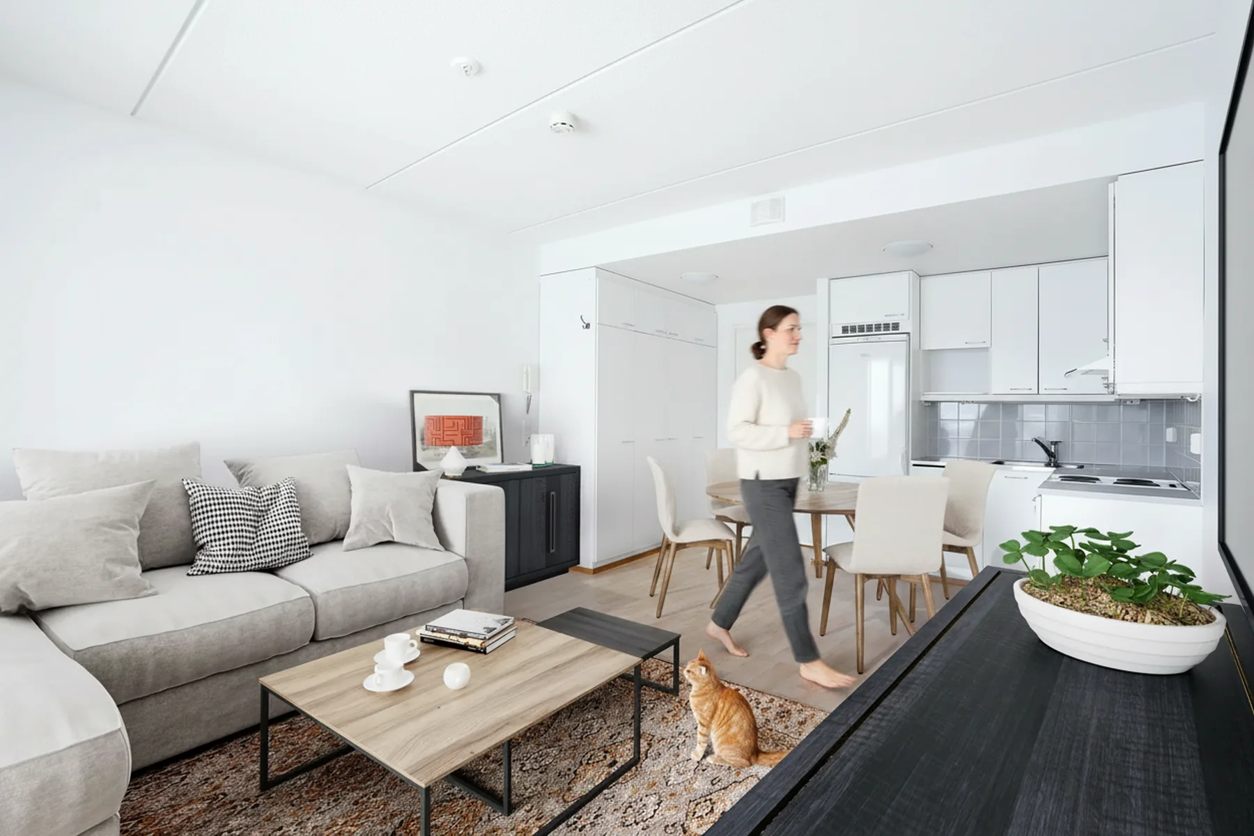 Virtually staged living room furnished from a photograph of the empty space, Finland