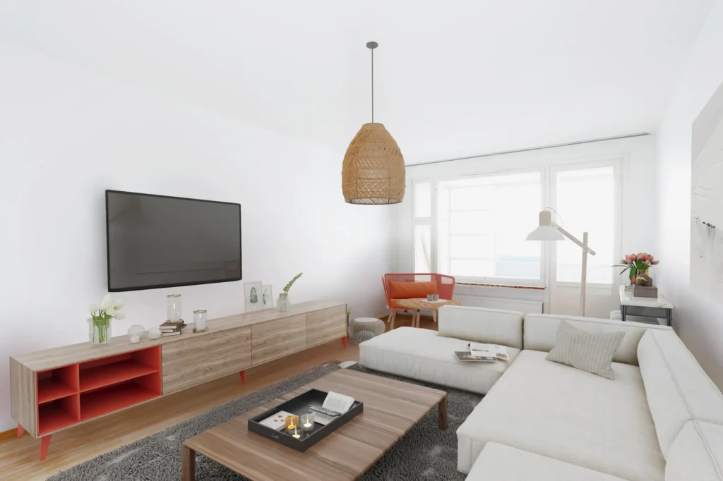 Home staging virtual: la misma sala de estar vacía amueblada con un sofá, mueble de televisión y alfombra, Finlandia